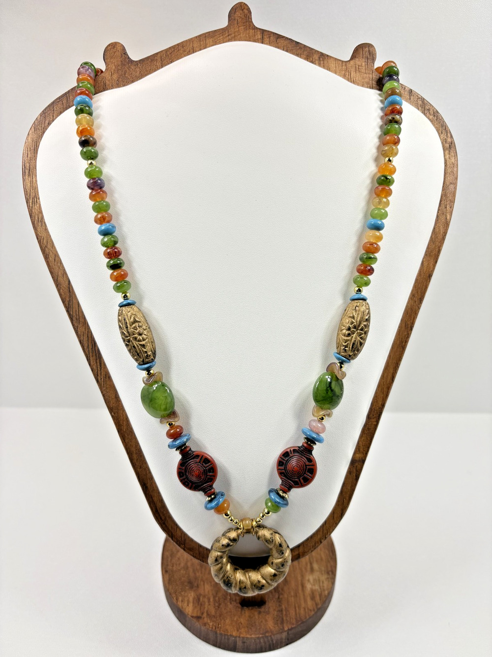 Vintage Boho Tribal Statement Necklace Multi-Color Art Glass Resin Beads 26"